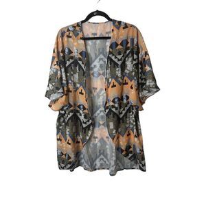 Geometric Pattern Kimono Top Womens Size XL Multicolor Open Front Short Sleeve
